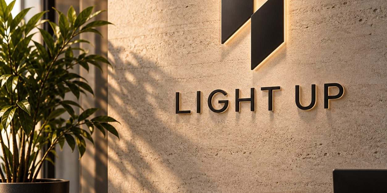 Empfang mit dem LIGHT UP Signet an der Steinwand